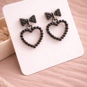 Black Rhinestone Bow Heart Earrings | Gunmetal Crystal Heart Drop